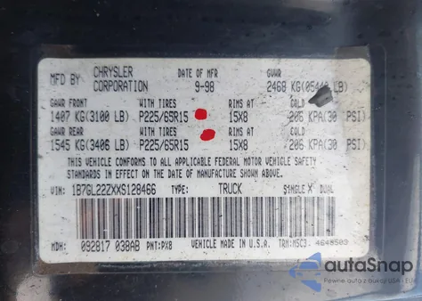 1999 Dodge Dakota Sport from USA, damaged, VIN 1B7GL22ZXXS128466